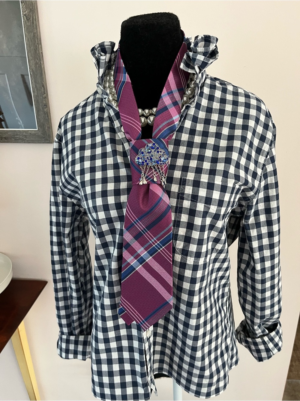 Enhanced J. Crew Navy and White Gingham Button-Down Shirt Ruffle Collar - Picture 7 of 8